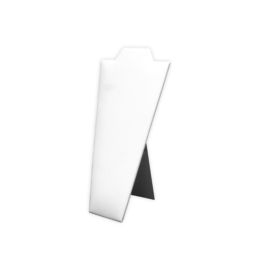 Small white leatherette necklace pad with easel 4 inch wide 8.5 inch tall freestanding
