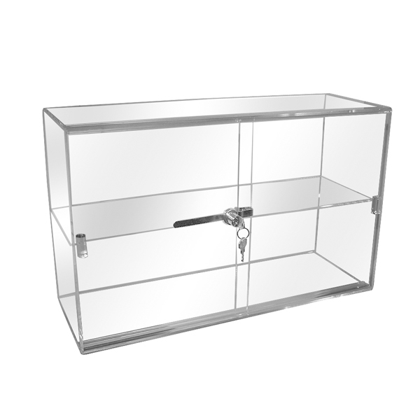 Clear acrylic security case with sliding back door 21 inch wide 7 inch deep 13 inch tall