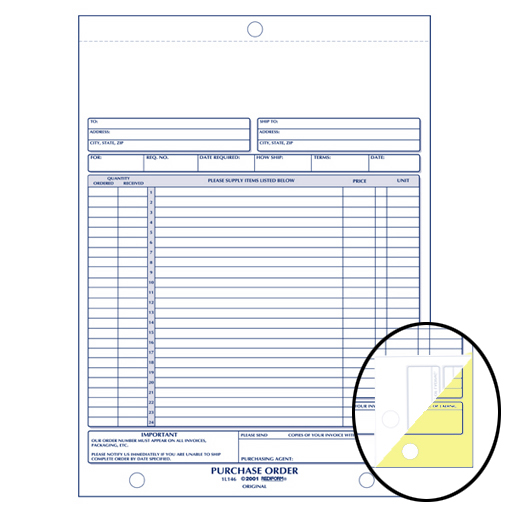 Purchase order book for retail store inventory and vendor ordering
