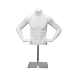 White male fiberglass half torso form with arms for displaying shirts and menswear