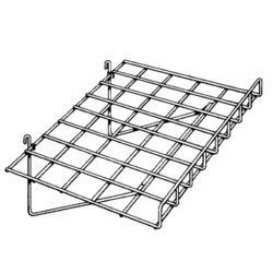 Wire grid shelf with front lip for gridwall panels prevents merchandise from sliding off