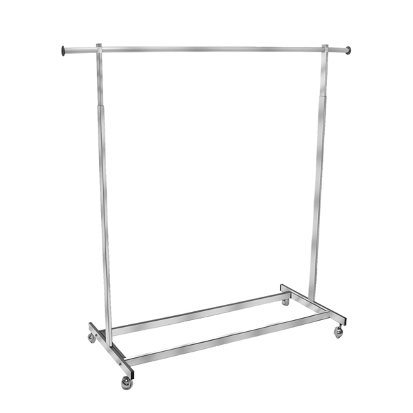 Single chrome rolling garment rack with rectangular tubing