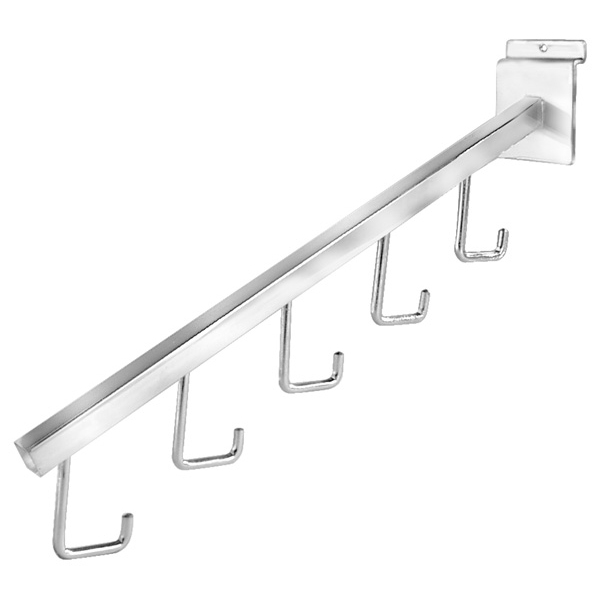 Square tubing 5 hook waterfall for slatwall cascading garment display