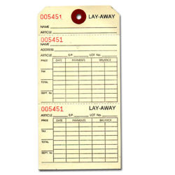 Layaway tags with string for tracking customer layaway merchandise in retail stores