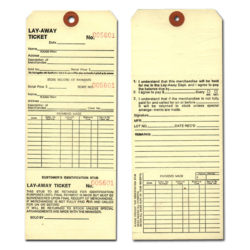 Large layaway tags with string for retail merchandise layaway tracking