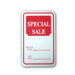 Special sale tags with string for highlighting promotional pricing on retail merchandise