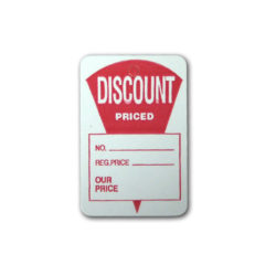 Discount price tags with string for marking sale and clearance prices on retail merchandise