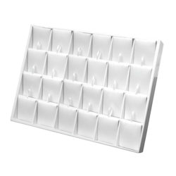 White leatherette earring display tray holds 24 pairs of earrings