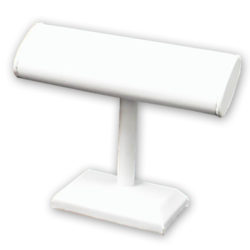 Compact white leatherette single oval T-bar display 8 inch wide 4.5 inch tall