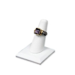 White leatherette single ring display stand for engagement and fine jewelry featured presentation