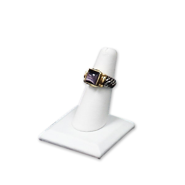 White leatherette single ring display stand for engagement and fine jewelry featured presentation