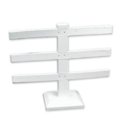 White leatherette 3-bar earring display 10 inch wide 9 inch tall three tiered bars