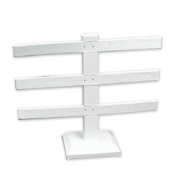 White leatherette 3-bar earring display 10 inch wide 9 inch tall three tiered bars