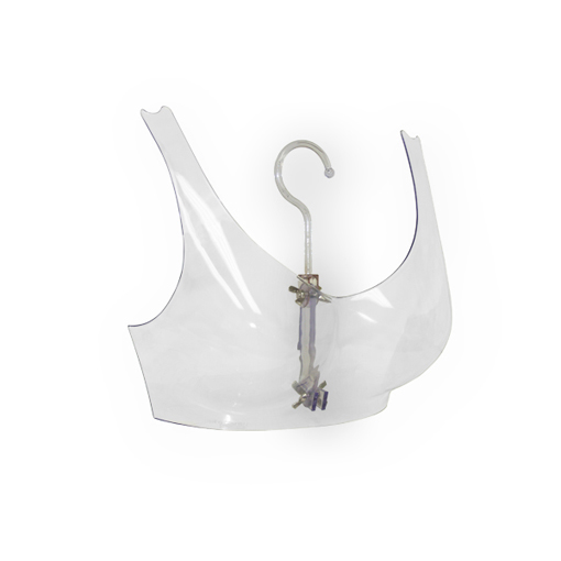 Clear plastic hanging bra display form for showcasing bras and lingerie in retail stores