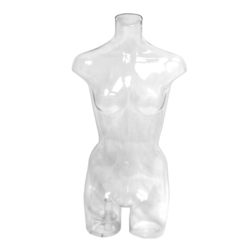 Clear plastic female torso form for displaying tops blouses and womens clothing