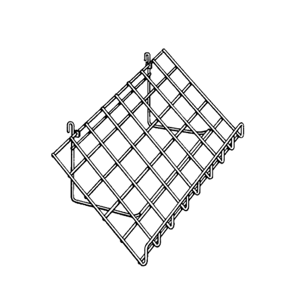 Slant wire shelf with front lip for gridwall panels tilts merchandise toward customers