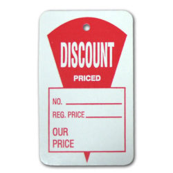 Large discount price tag with string for marking sale prices on retail merchandise