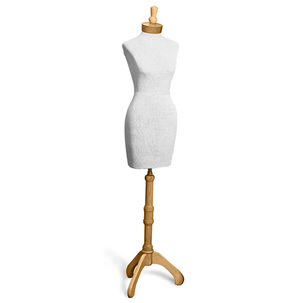 Complete and assembled dress form size O with base for retail clothing display