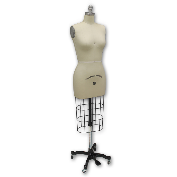 Black dressmaker form size 10 with adjustable height and pinnable surface for sewing and retail display