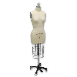 Black dressmaker form size 4 with adjustable height and pinnable surface for sewing and retail display