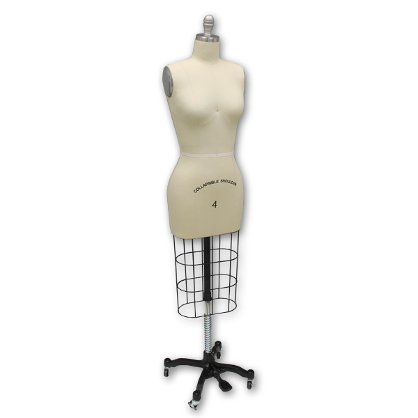 Black dressmaker form size 4 with adjustable height and pinnable surface for sewing and retail display