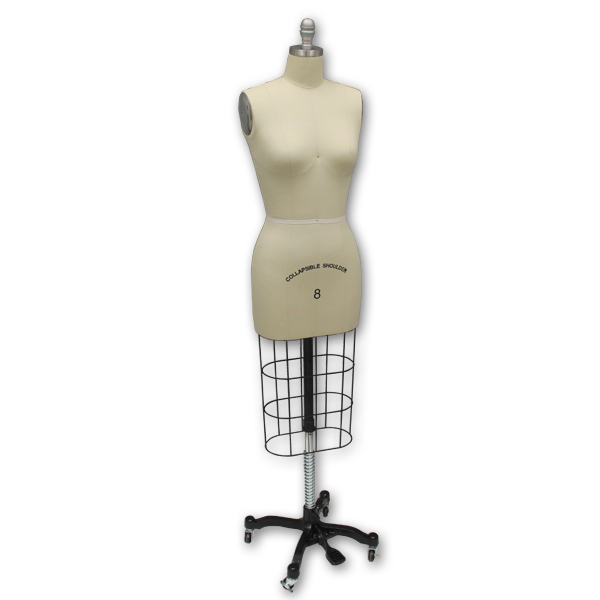 Black dressmaker form size 8 with adjustable height and pinnable surface for sewing and retail display