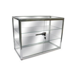 Round frame glass counter case for jewelry display available in aluminum or black finish