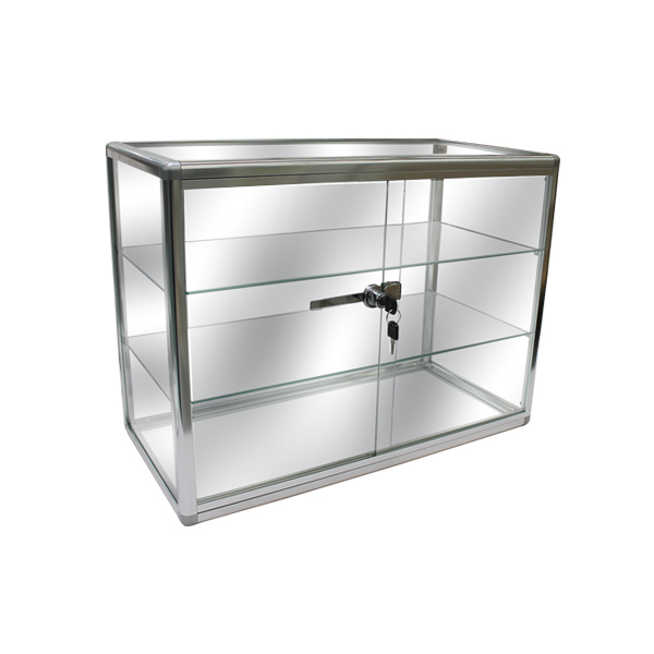 Round frame glass counter case for jewelry display available in aluminum or black finish