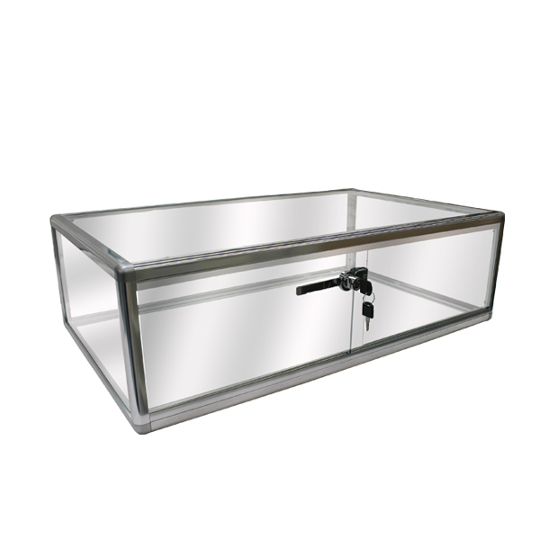 Second size round frame counter case for jewelry display in aluminum or black finish