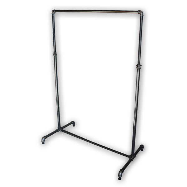 Pipe style rolling garment rack in raw steel finish