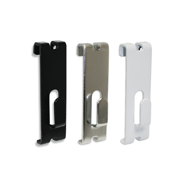 Single notch gridwall hook in black for secure merchandise display on gridwall panels