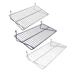 Wire grid shelf for gridwall panels provides open wire surface for retail merchandise display