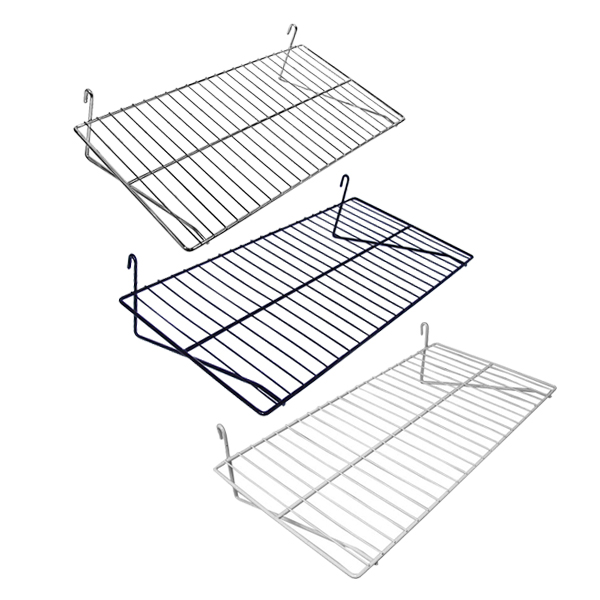 Wire grid shelf for gridwall panels provides open wire surface for retail merchandise display