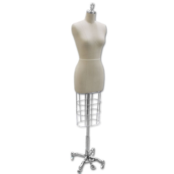 Chrome wire basket dress form with chrome base for retail clothing display