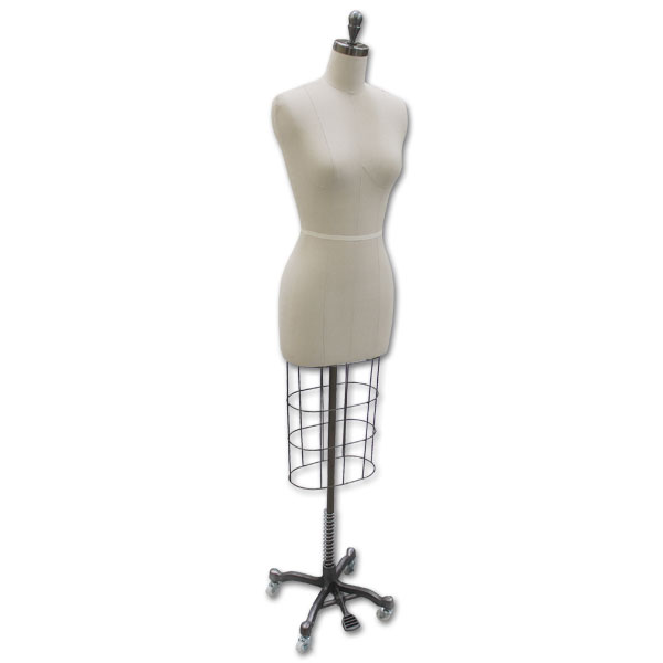 Raw steel wire basket dress form with industrial base for retail clothing display