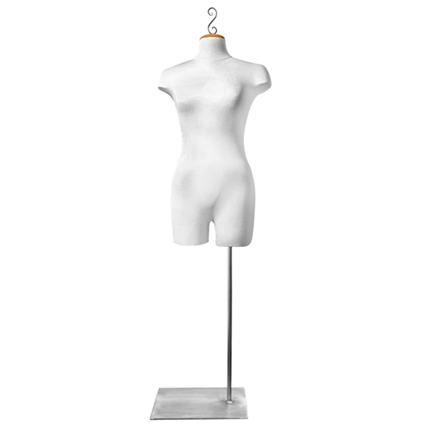 Complete and assembled dress form C with base neckblock and all accessories for retail display