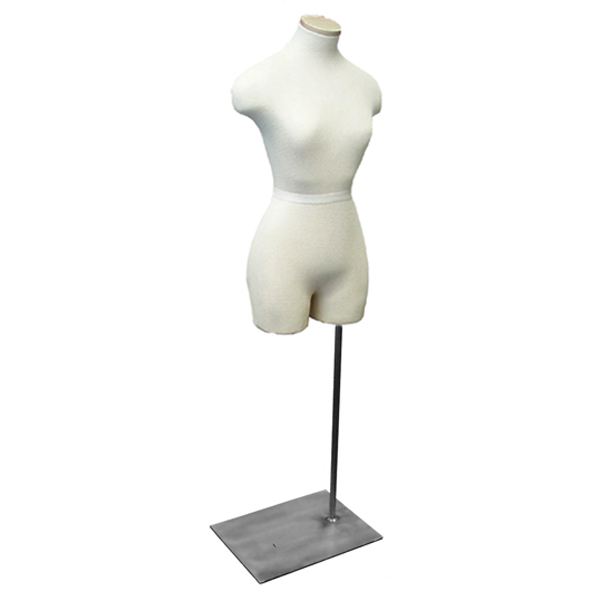 Complete and assembled dress form with base neckblock and all accessories for retail display