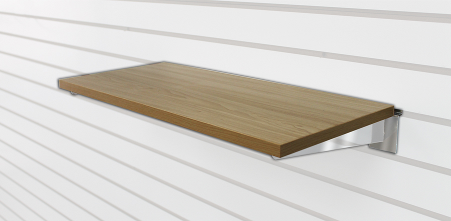 Wood shelves for slatwall gondola unit installed showing merchandise display