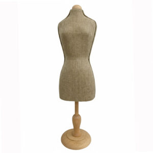 Mini Burlap Countertop Dress Form with Natural Wood Base