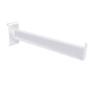 Side view of 12 inch rectangular tubing gridwall straight arm showing extension and bracket clip