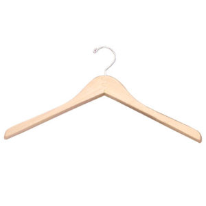 H700 wood jacket hanger showing broad shoulder contour and chrome hook