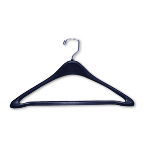 Men's plastic suit hanger with chrome swivel hook for retail store displays