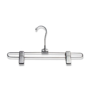 Chrome pant and skirt hanger clip detail showing adjustable grip