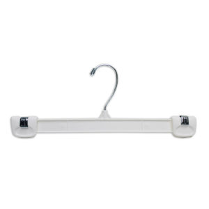 12 inch plastic pant hanger showing clip mechanism and swivel hook