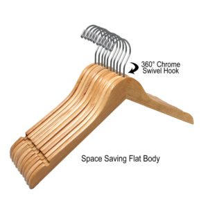 HW01 series wood hanger in black finish with chrome swivel hook