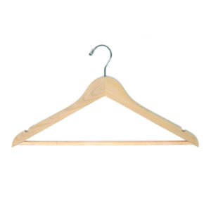 HW02 series wood hanger showing locking pant bar mechanism