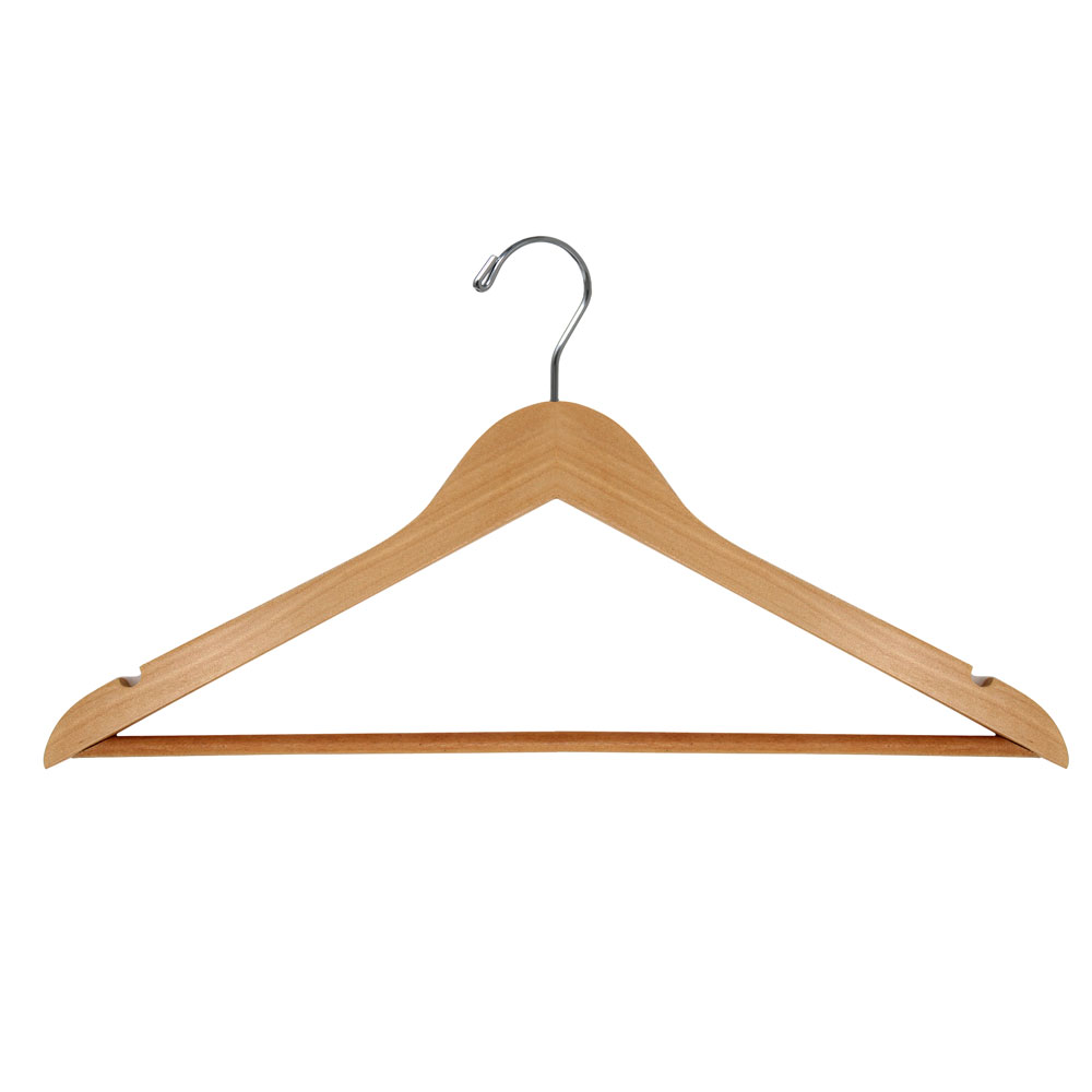 17 inch HW02 wood hanger with contoured shoulders and pant bar