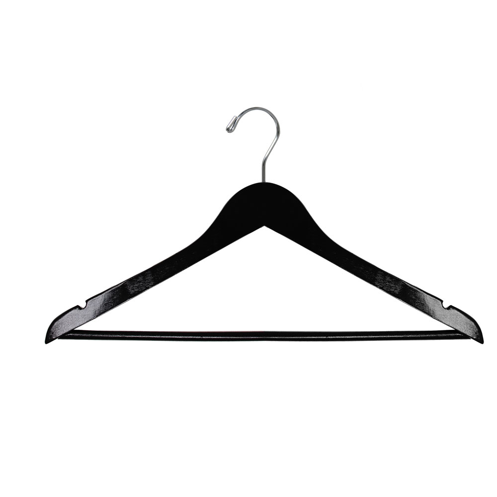 HW02 series wood top hanger with notched shoulders and pant bar