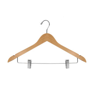 HW03 series wood suit hanger showing adjustable clip mechanism detail