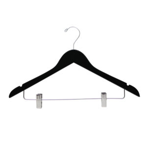 17 inch HW03 wood hanger with clips showing contoured shoulder design